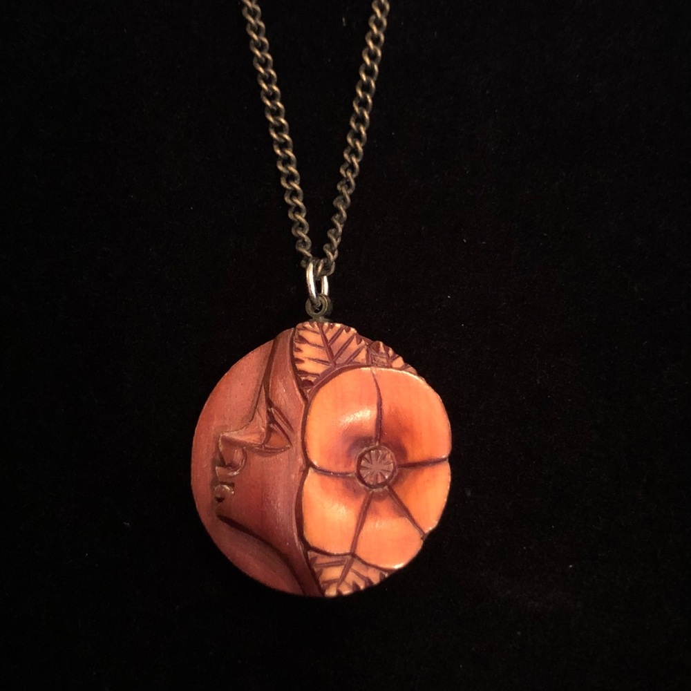 Handcrafted Little Girl Face and Flower Wooden Pendant Ethnic Necklace